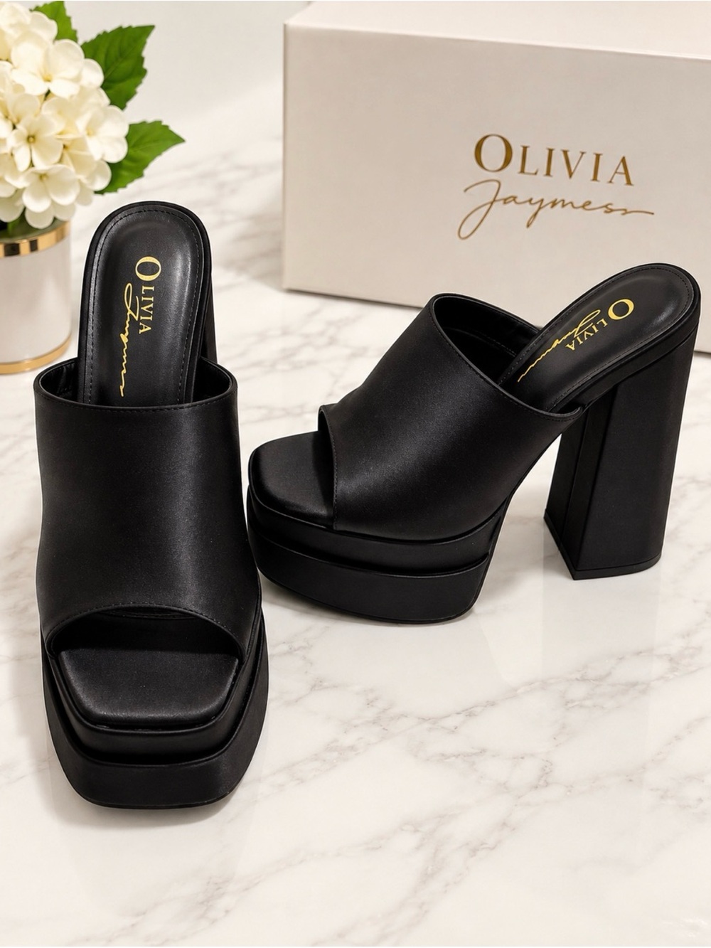 Olivia Jaymes Black Platform Block Heel Mule